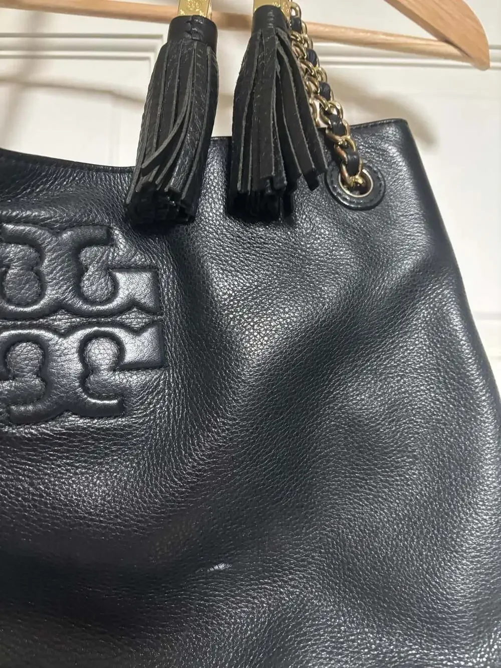 Tory Burch Thea Black Pebble Leather Chain Shoulder Tote with Tassels